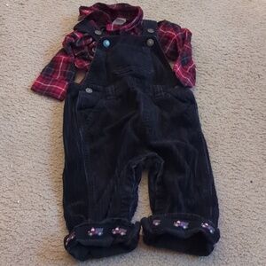 Gymboree Red & Black Plaid Corduroy Fire Truck Overalls Set Size 6-12 Month